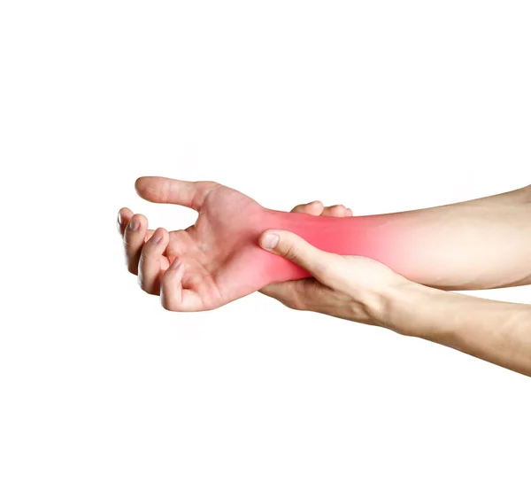 A man hands holds by the wrist. The pain in my arm. Sore point h — Stock Photo, Image