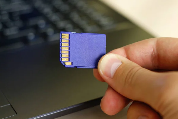 Hand håller SD-minneskort. Blå. — Stockfoto