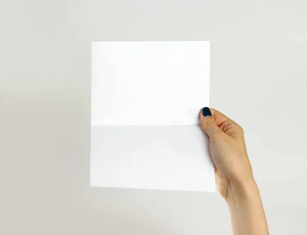 Vrouwelijke handen met een wit vel papier. Geïsoleerd op grijze ba — Stockfoto