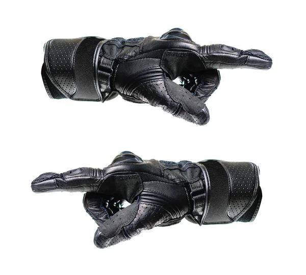 Czarny Sport Moto rękawice. Rękawica punkty w prawo i lewo. Dwie ręce — Zdjęcie stockowe