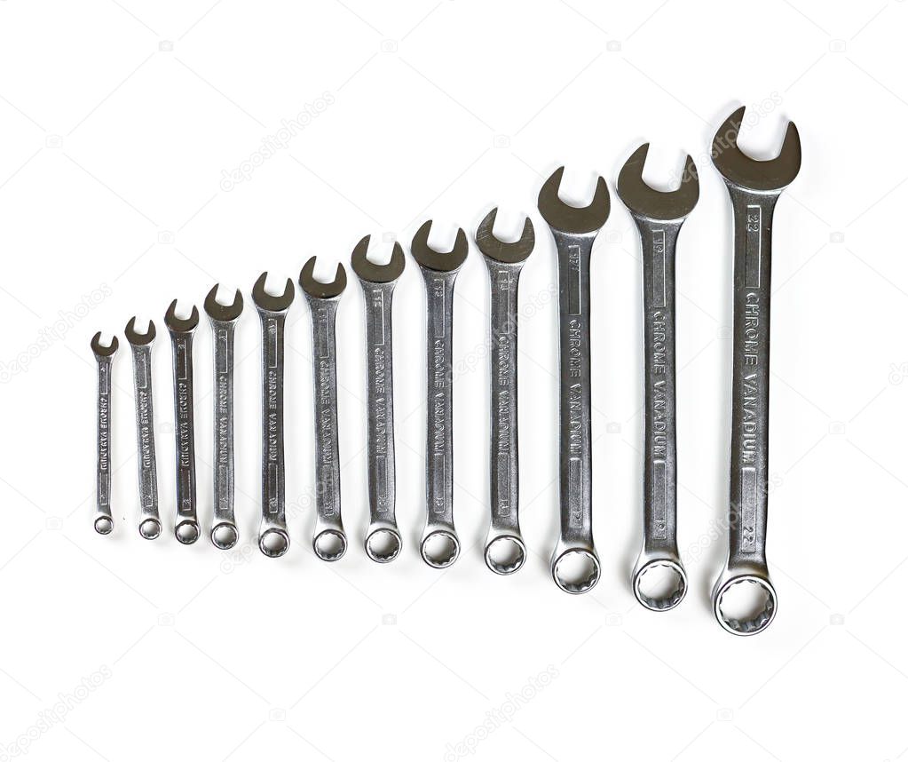 Set of flat spanners. Tool kit for the car. Isolated on white ba