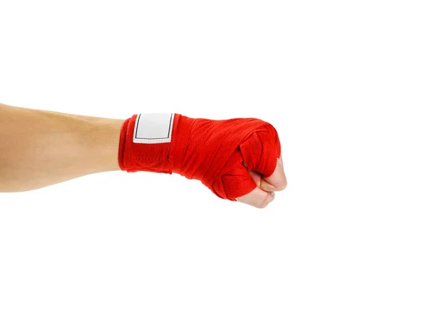 Mão em ataduras de boxe vermelho. Braçadeira desportiva. Isolado em branco b — Fotografia de Stock