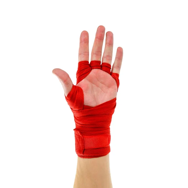 Mão em ataduras de boxe vermelho. Braçadeira desportiva. Isolado em branco b — Fotografia de Stock
