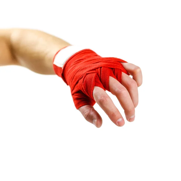 手在红色拳击绷带。运动臂章隔离在白色 b — 图库照片