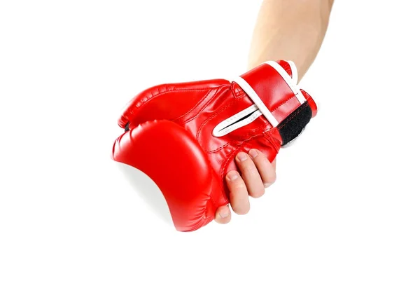 Χέρι εκμετάλλευση κόκκινα γάντια του μποξ. Δύο γάντια σπορ. Απομονωμένοι σε ένα — Φωτογραφία Αρχείου