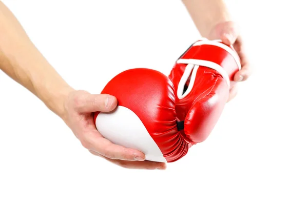 Hand holding red Boxing gloves. Two gloves sports. Isolated on a — Stock Photo, Image