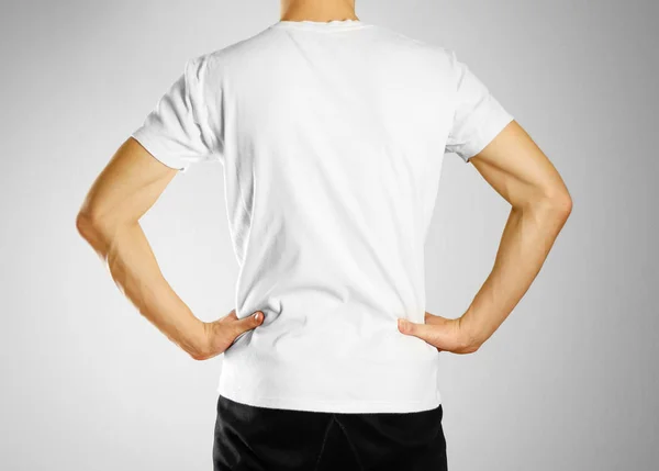 The guy in the white blank t-shirt. Prepared for your logo — Stock Photo, Image