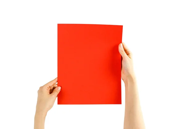 Mãos segurando um papel vermelho sobre um fundo branco. Fechar. — Fotografia de Stock