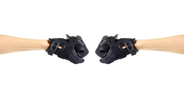 Sport black Moto gloves. Two fists in gloves. Isolated on white — Stock Photo, Image