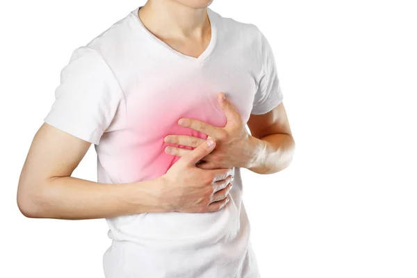 Bir adam göğüsler tutar. Göğsüne ağrı. Mide ekşimesi. Stoma