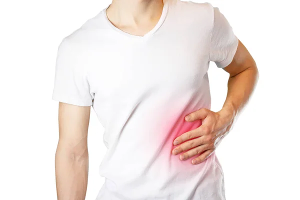 A man holds the liver. Pain in the abdomen. Cirrhosis of the liv — Stock Photo, Image
