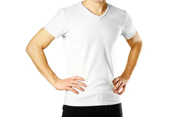 A srác az üres fehér póló. Felkészülve a logót. Szigetelt — Stock Fotó