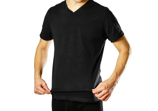 De man in het zwart leeg t-shirt. Voorbereid voor uw logo — Stockfoto