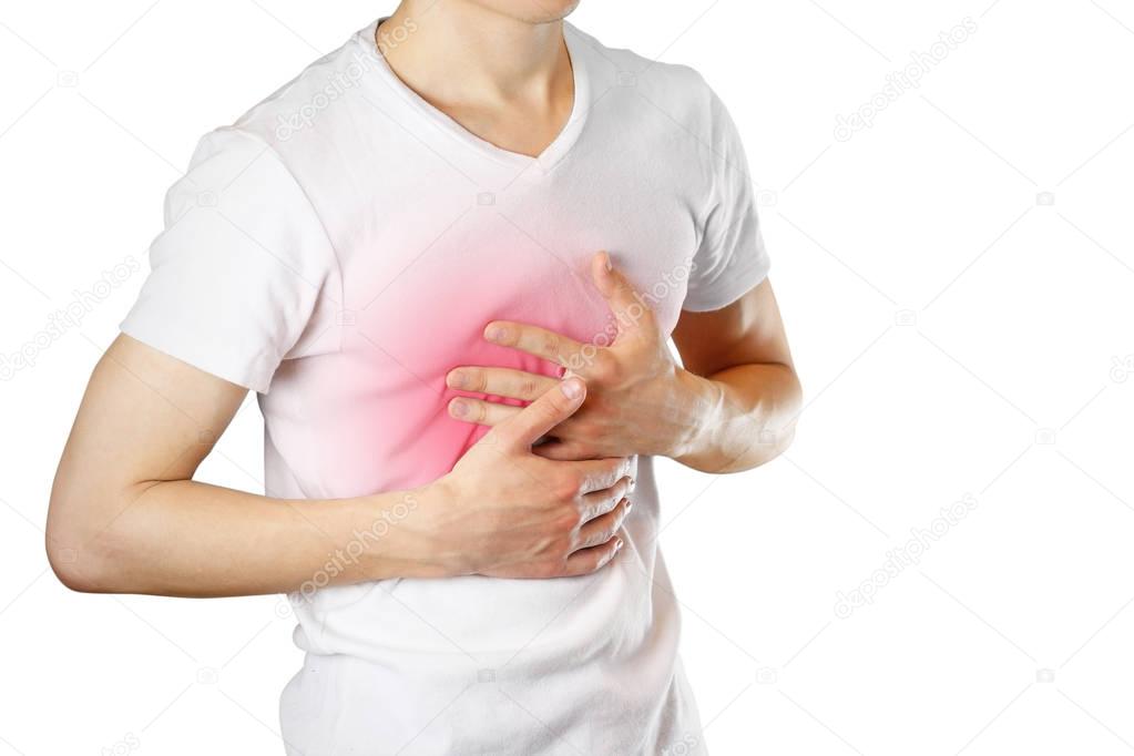 A man holds the Breasts. The pain in his chest. Heartburn. Stoma