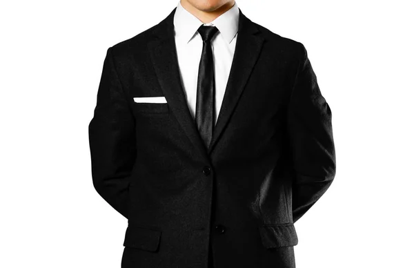 Biznesmen czarny garnitur, biała koszula i krawat. Studio strzelać — Zdjęcie stockowe