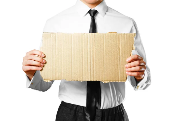 Businessman in white shirt and tie holding a piece of cardboard. — Stock Photo, Image