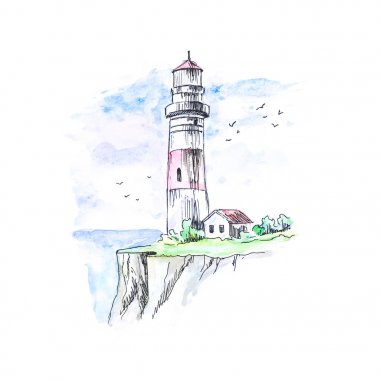 Parlak renkli deniz feneri. Çizilmiş. Suluboya çizimi. CL