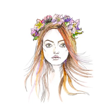 Kafasındaki bir çelenk ile güzel bir kız portresi. El-dra