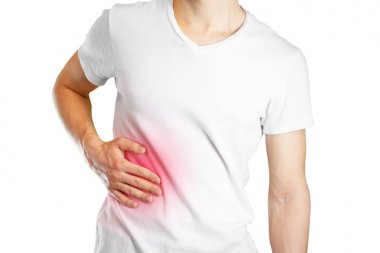 Bir adam karaciğer tutar. Karın ağrısı. Liv siroz