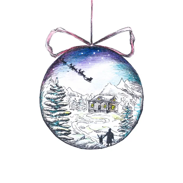 Weihnachtsball. der Ball spiegelt das schneebedeckte Haus wider und — Stockfoto