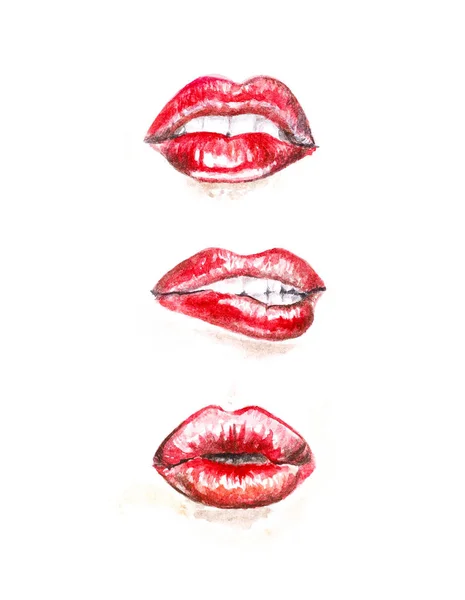 Bright red lips. Hand-drawn. A watercolor drawing. Close up. Iso — Stock Photo, Image