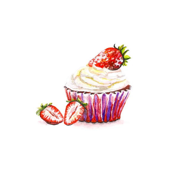 Panier à gâteaux avec crème et fraises sur le dessus. Dessiné à la main. A wa — Photo