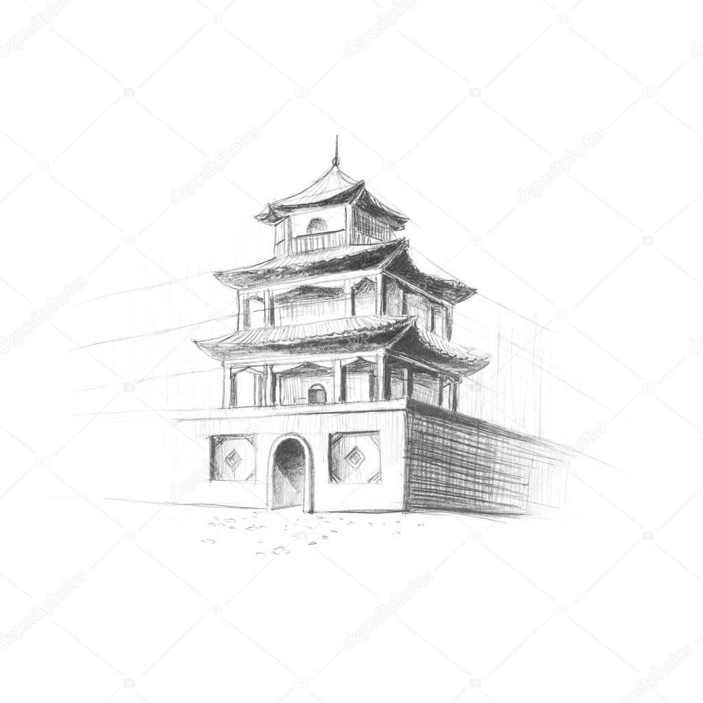 Chinese pagoda painted with a pencil. Hand-drawn. Close up. Isol
