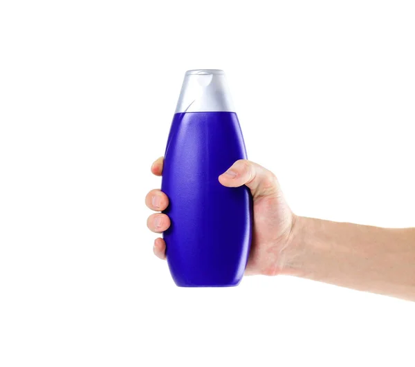 Hand Holding Blauw Shampoo Fles Close Geïsoleerd Witte Achtergrond — Stockfoto