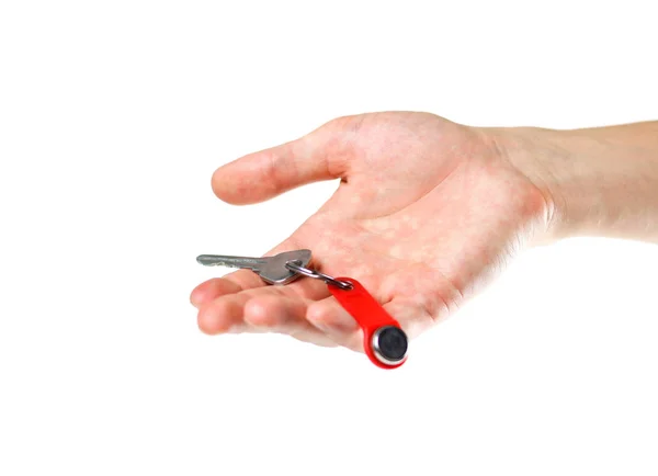 Hand Holds Keys Apartment Chip Close Isolated White Background — Stock Photo, Image