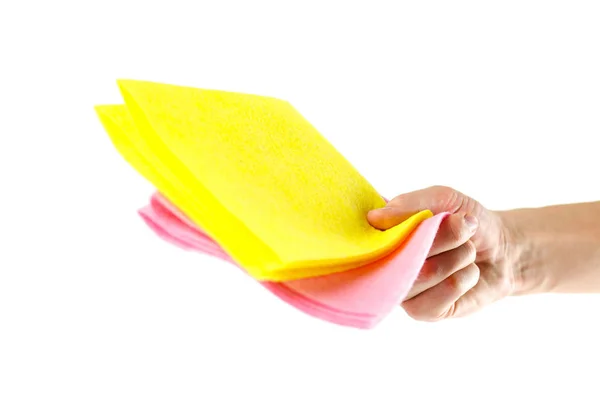 Hand Holding Yellow Pink Rags Close Isolated White Background Royalty Free Stock Photos