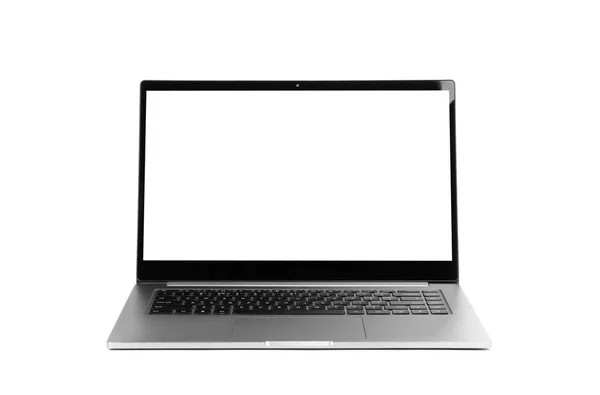 Laptop em uma caixa de metal com uma tela branca em branco. O portátil ligado — Fotografia de Stock
