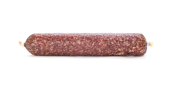 Stick of raw smoked sausage. Close up. Isolated on white backgro