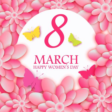 Pembe çiçek tebrik kartı - dünya mutlu kadınlar günü - 8 Mart tatil arka plan ile kağıt kesme çerçeve çiçek. Mutlu anneler günü. Modaya uygun bir tasarım şablonu. Vektör çizim.