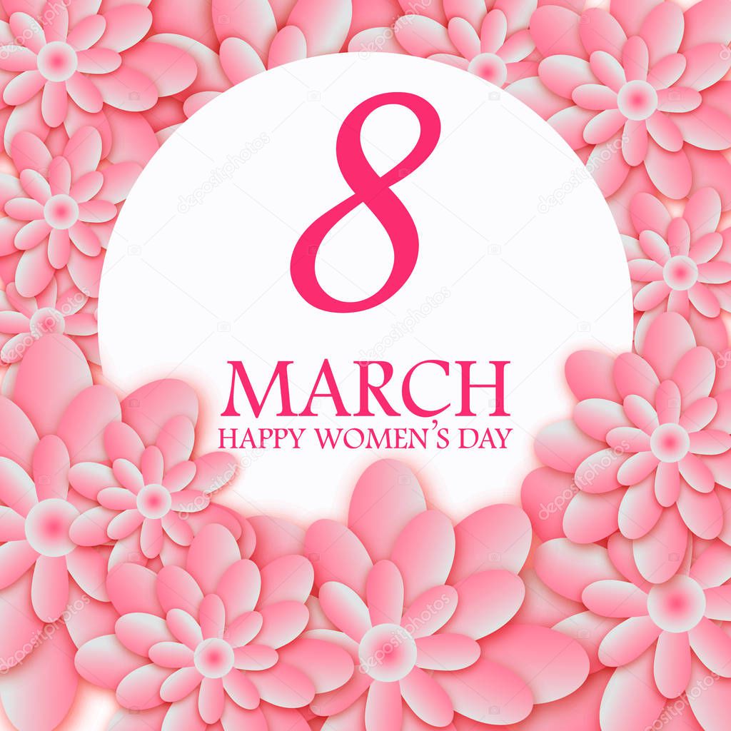 Abstract Pink Floral Greeting card - International Happy Women's Day - 8 March holiday background with paper cut Frame Flowers. Happy Mother's Day. Trendy Design Template. Vector illustration.
