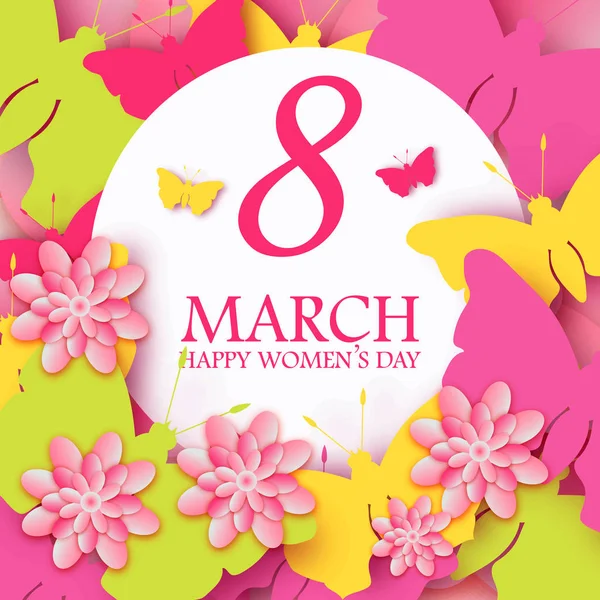 Αφηρημένη ροζ Floral ευχετήρια κάρτα - Happy Ημέρα της γυναίκας - 8 Μαρτίου διακοπών φόντο με χαρτί κομμένα λουλούδια πλαίσιο. Happy Ημέρα της μητέρας. Μοντέρνα σχεδίαση προτύπου. Εικονογράφηση διάνυσμα. — Διανυσματικό Αρχείο