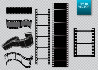 Şeffaf arkaplanda izole edilmiş vektör film şeridi kümesi.
