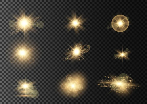 Set. Shining star, the sun particles and sparks with a highlight effect, golden bokeh lights glitter and sequins. On a dark background transparent. Vector, EPS10 — Stock Vector