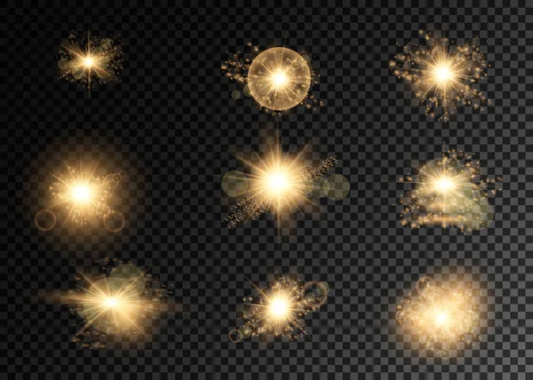 Pronti. La stella lucente, le particelle di sole e le scintille con un effetto di clou, il bokeh d'oro illumina brillantini e le paillettes. Su uno sfondo scuro trasparente. Vettore, EPS10 — Vettoriale Stock