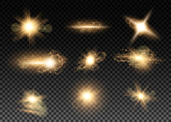 Hazır ol. Parlayan yıldız, güneş parçacıkları ve parlak bir efektle kıvılcımlar, altın bokeh ışıkları parıltı ve pullar. Koyu bir arka planda şeffaf. Vektör, EPS10