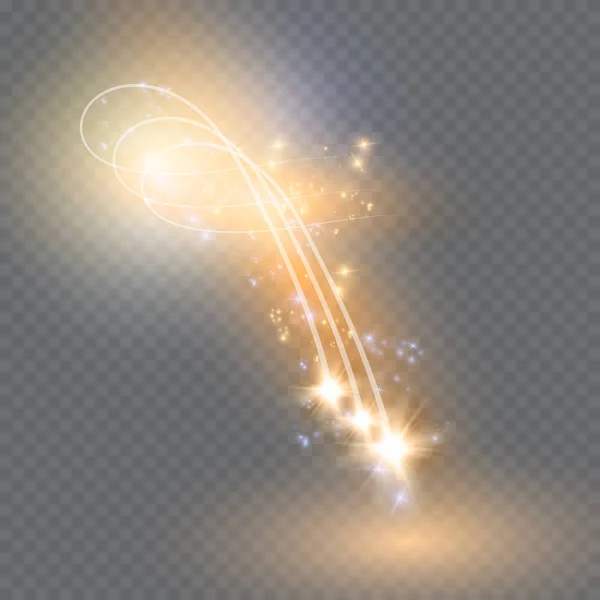 Vetor abstrato brilhando efeito de luz de estrela mágica a partir do borrão de néon de linhas curvas. Trilha de poeira de estrelas brilhantes do cometa side.flying em um fundo transparente . — Vetor de Stock