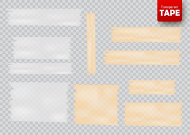 Beyaz ve sarı şeffaf bant yapışkan dilimleri izole kümesi. Vektör çizim