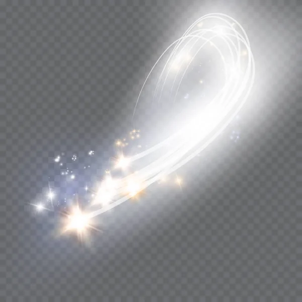 Vetor abstrato brilhando efeito de luz de estrela mágica a partir do borrão de néon de linhas curvas. Trilha de poeira de estrelas brilhantes do cometa side.flying em um fundo transparente . — Vetor de Stock