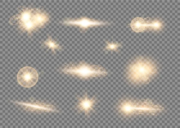 Set. Shining star, the sun particles and sparks with a highlight effect, golden bokeh lights glitter and sequins. On a dark background transparent. Vector, EPS10 — Stock Vector