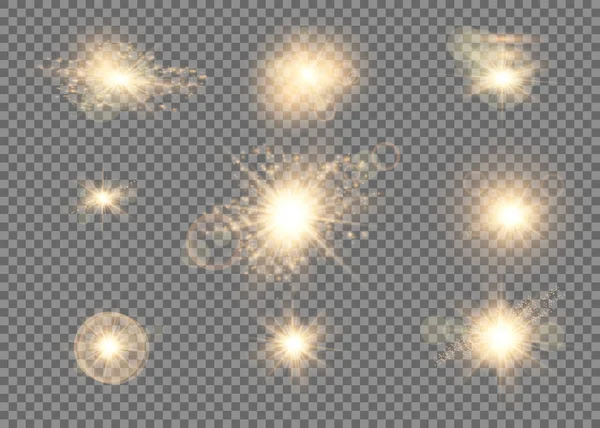 Klaar. Glanzende ster, de zonnedeeltjes en vonken met een hoogtepunt effect, gouden bokeh lichten glitter en pailletten. Op een donkere achtergrond transparant. Vector, EPS10 — Stockvector