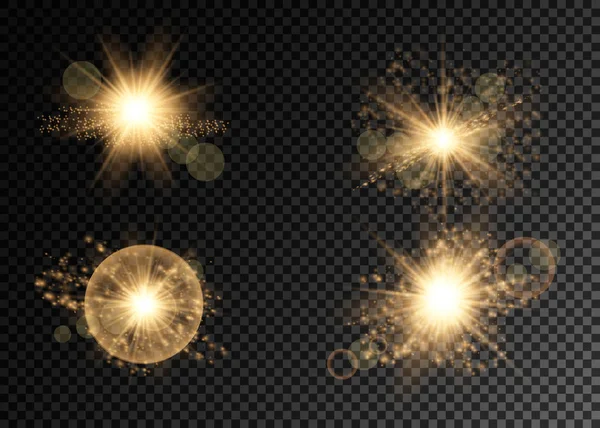 Set of golden glowing lights effects isolated on transparent background. Glow light effect. Star burst with sparkles. EPS10 — Stock Vector