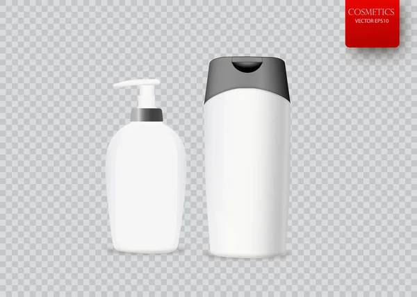 Uppsättning av realistiska kosmetiska flaskan på en vit bakgrund. Kosmetiska paketutlämning för soppor, lim, skum, kräm, schampo. Mock up set för varumärket mall. vektorillustration. — Stock vektor