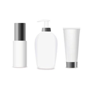 Beyaz bir arka plan üzerinde gerçekçi kozmetik şişe kümesi. Kozmetik paket toplama krem, çorbalar, köpükler, şampuan, tutkal için. Marka şablonu için set up sahte. vektör çizim.