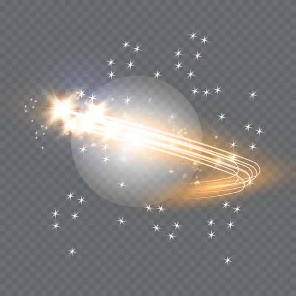 Efecto de luz de estrella de brillo mágico vectorial abstracto con líneas curvas de neón borroso. Sendero de estrellas de polvo brillante con bokeh . — Vector de stock