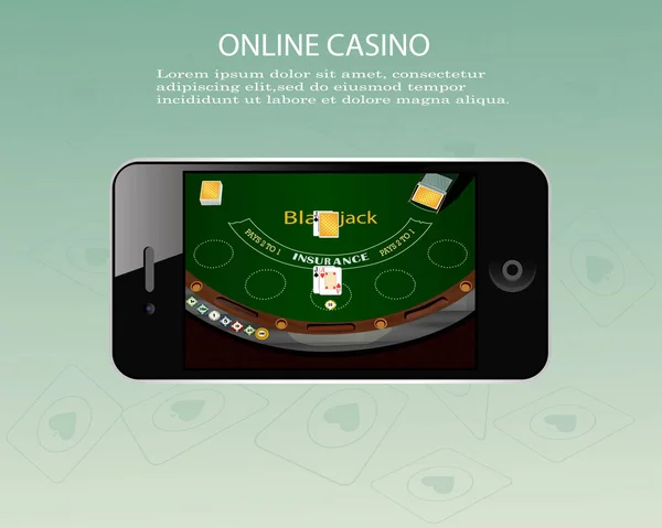 Banner del cartel del diseño del casino en línea. Tableta con fichas de póquer y cartas en la mesa. Fondo de juego de Casino, aplicación móvil de póquer — Vector de stock