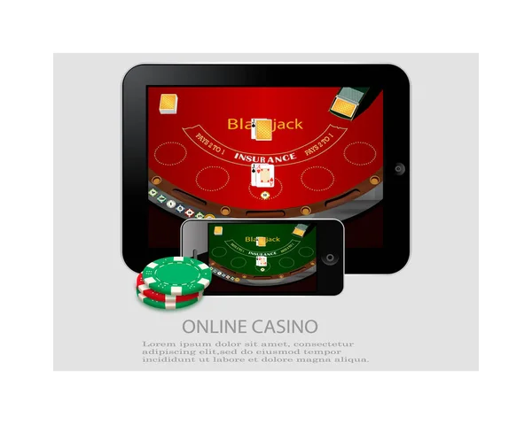 Banner de cartaz de design de cassino online. Tablet com fichas de poker e cartas na mesa. Casino fundo de jogo, aplicativo móvel de poker — Vetor de Stock
